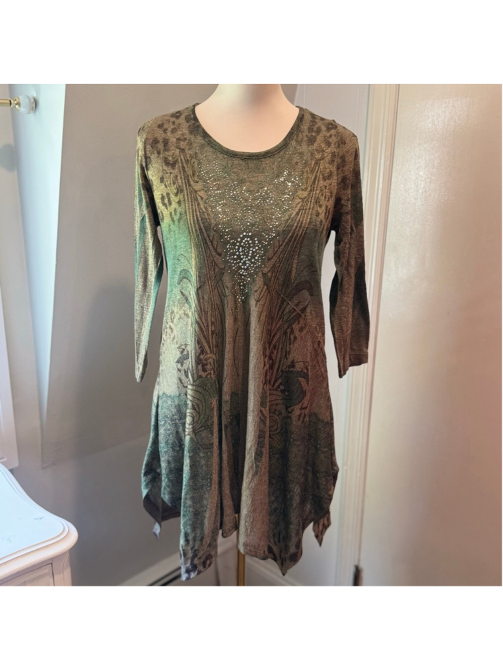 Vintage Cactus Mixed Print Rhinestone Handkerchief Hem Tunic Dress | Size Small
